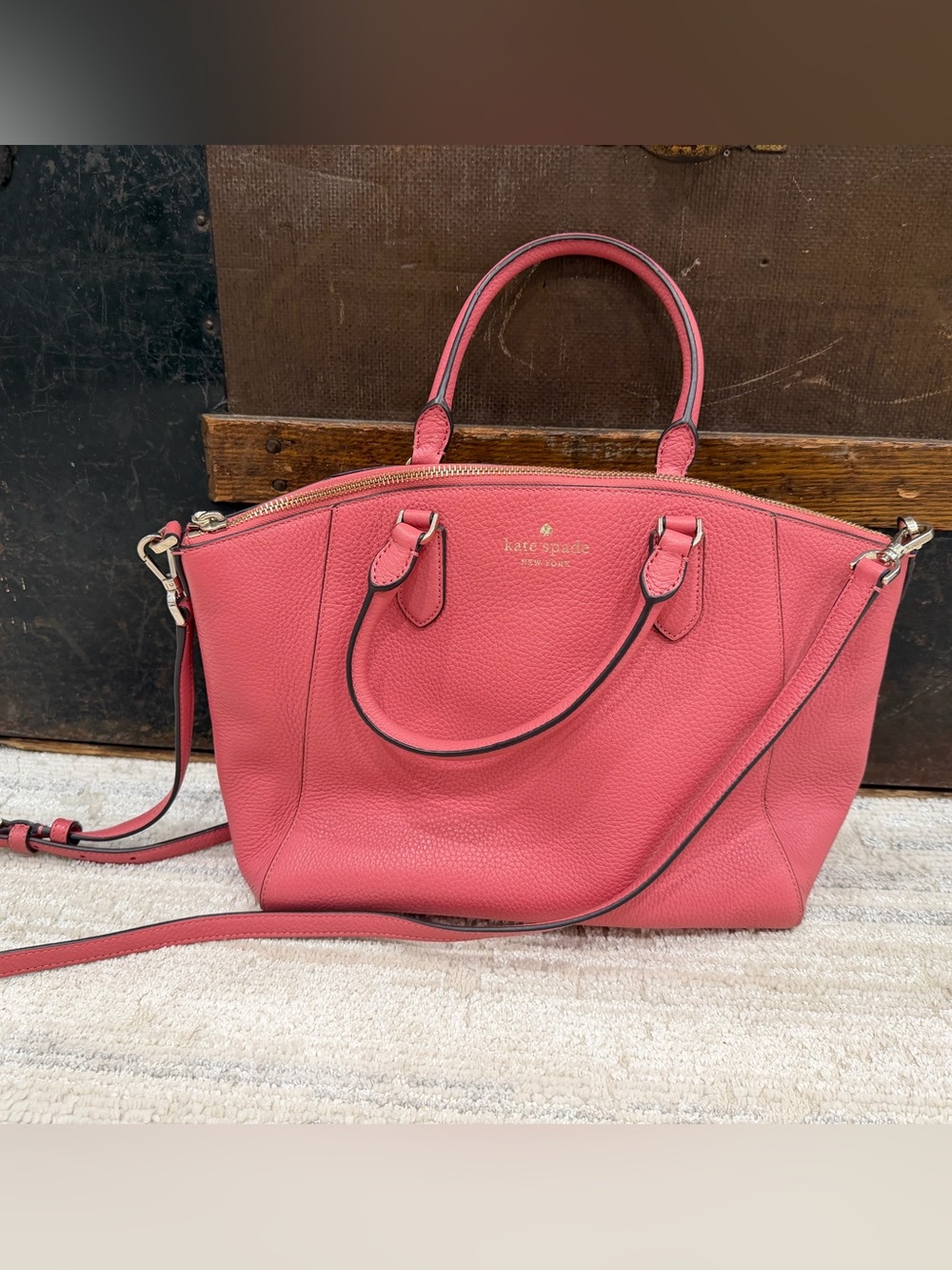 kate spade Coral Pink Pebbled Leather Satchel with Shoulder Strap